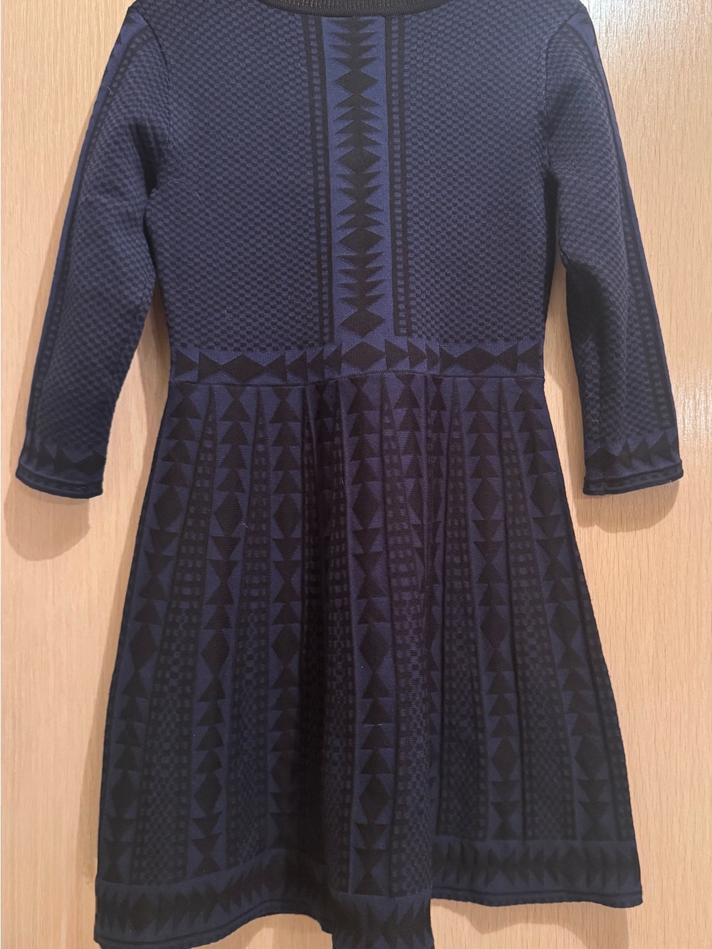Nina Leonard Navy and Black Geometric Knit Fit-and-Flare Dress